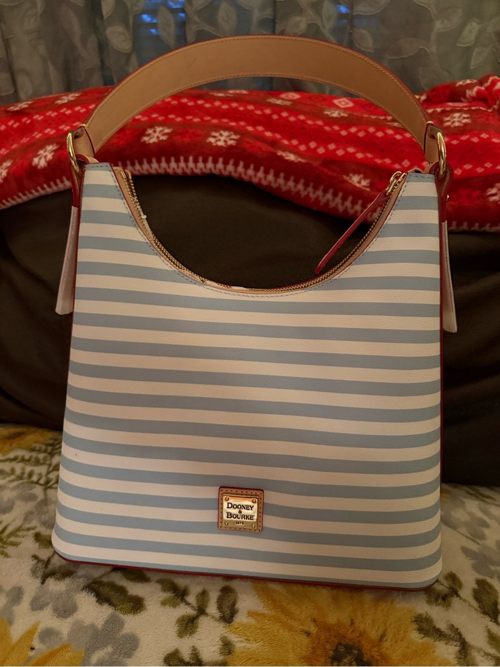 Dooney & Bourke Light Blue and White Striped Shoulder Bag with Red Trim - Picture 6 of 7